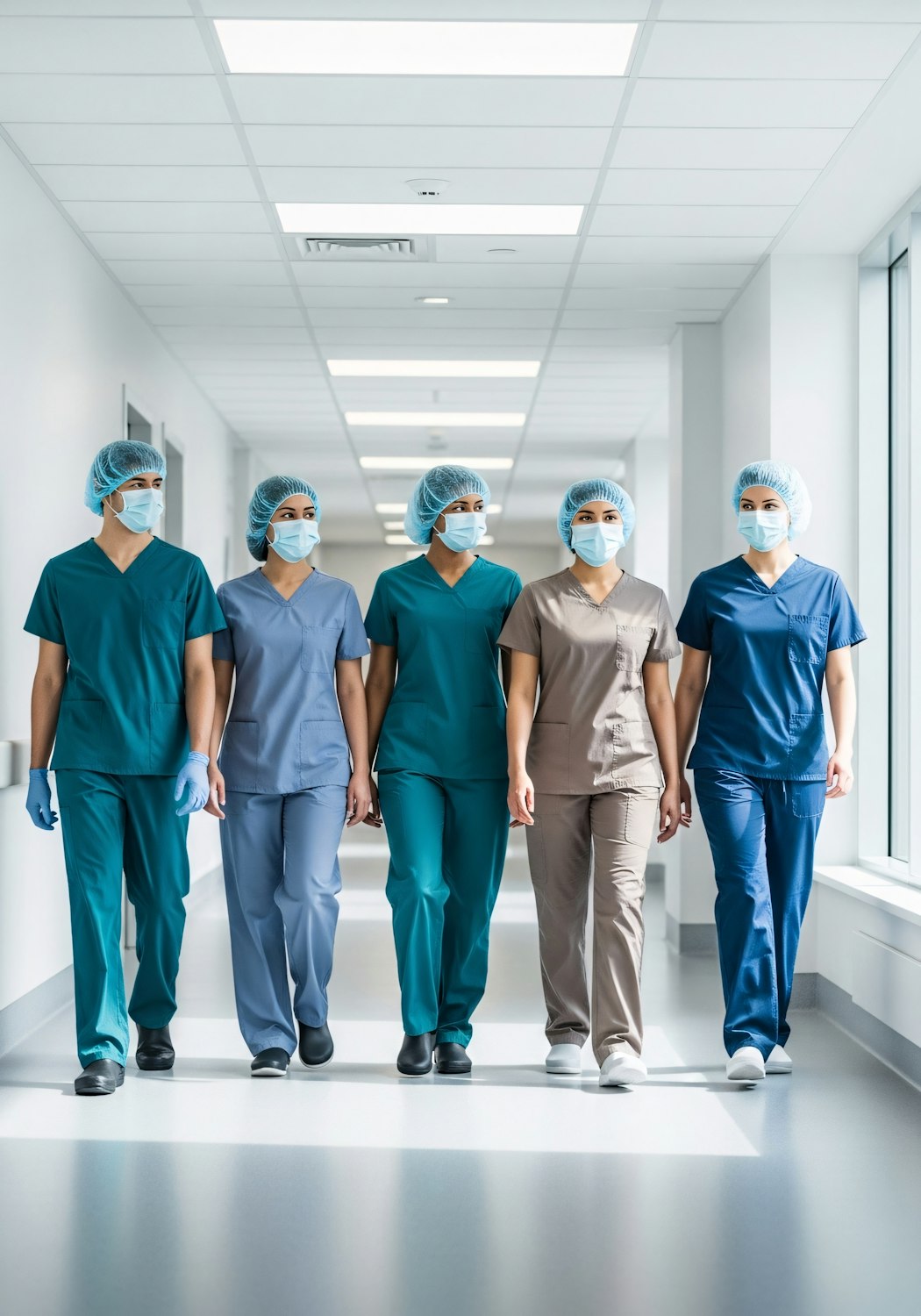 Healthcare workers in a hospital corridor