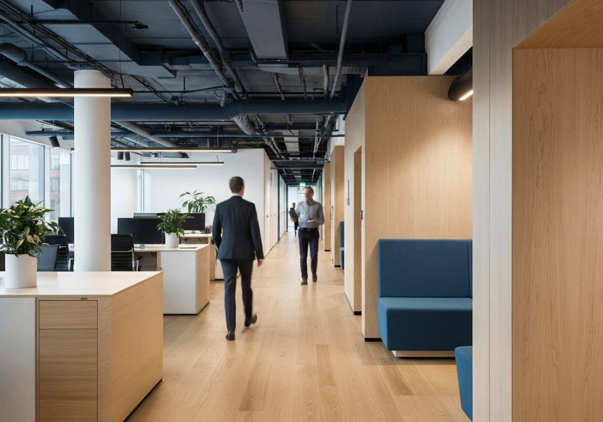 Thornbury Family Law office, staff walking through the open workspace