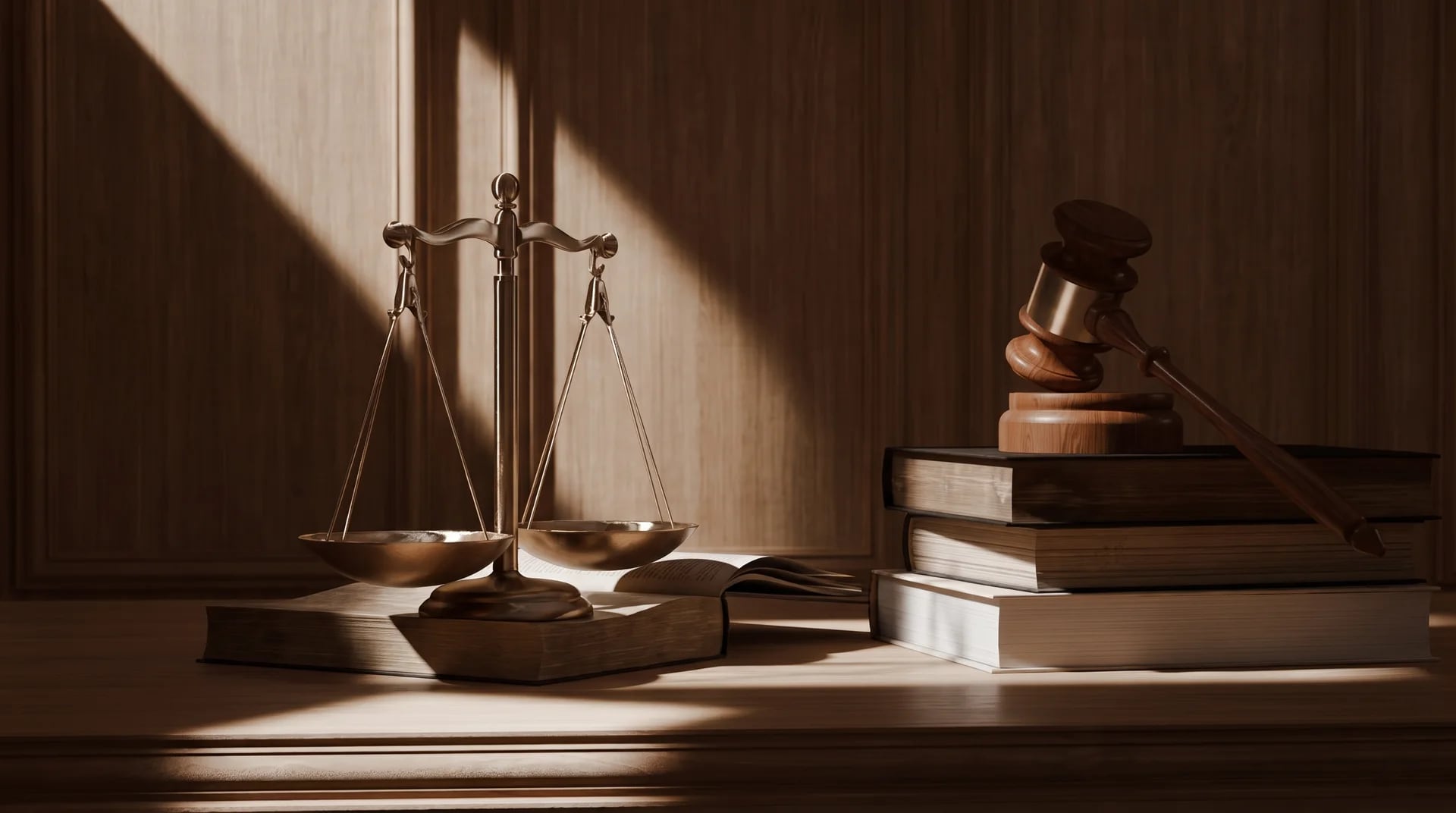 Brass scales of justice and a gavel resting on law books in a wood-panelled chamber